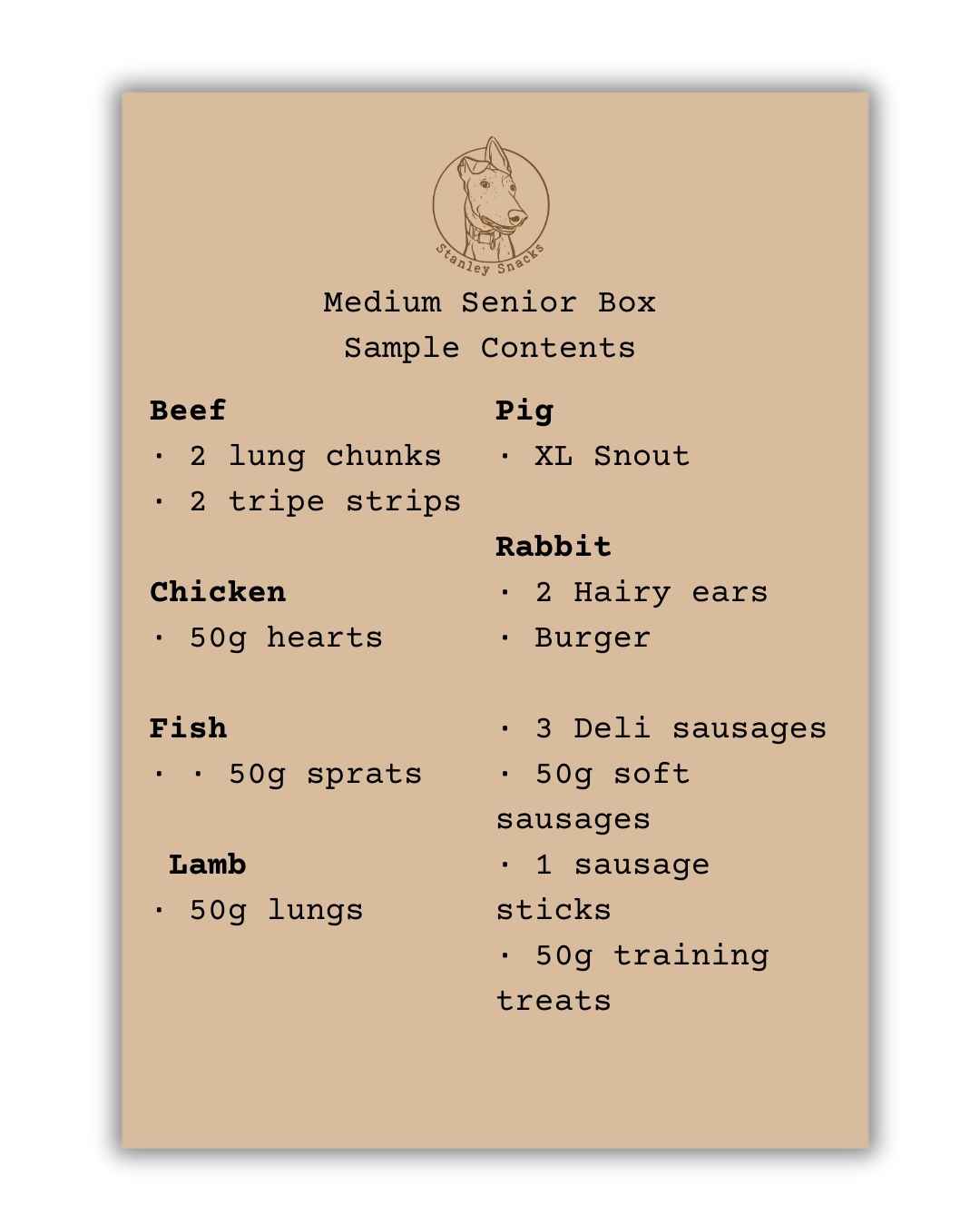 A colour image of a brown card menu of natural dog treat box contents.