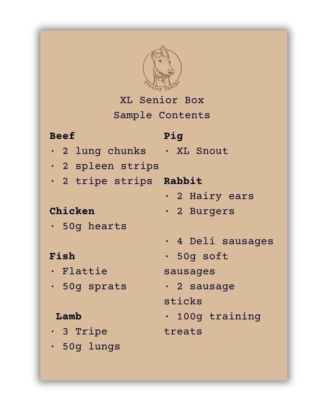 A colour image of a brown card menu of natural dog treat box contents.