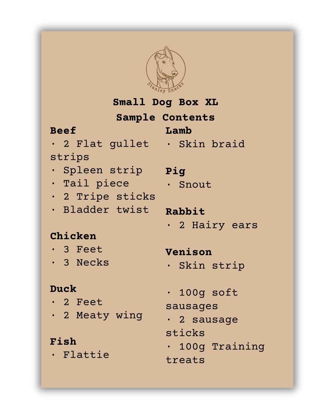 An image of a brown card menu of of dog treat box contents.