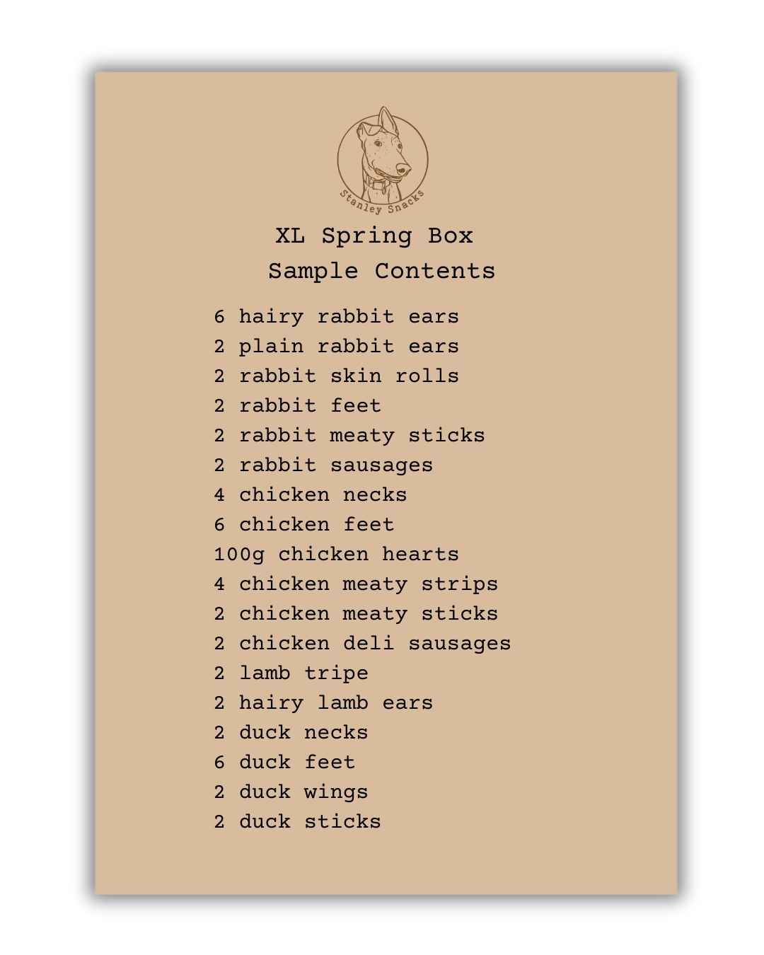 A colour image of a brown card menu of natural dog treat box contents.