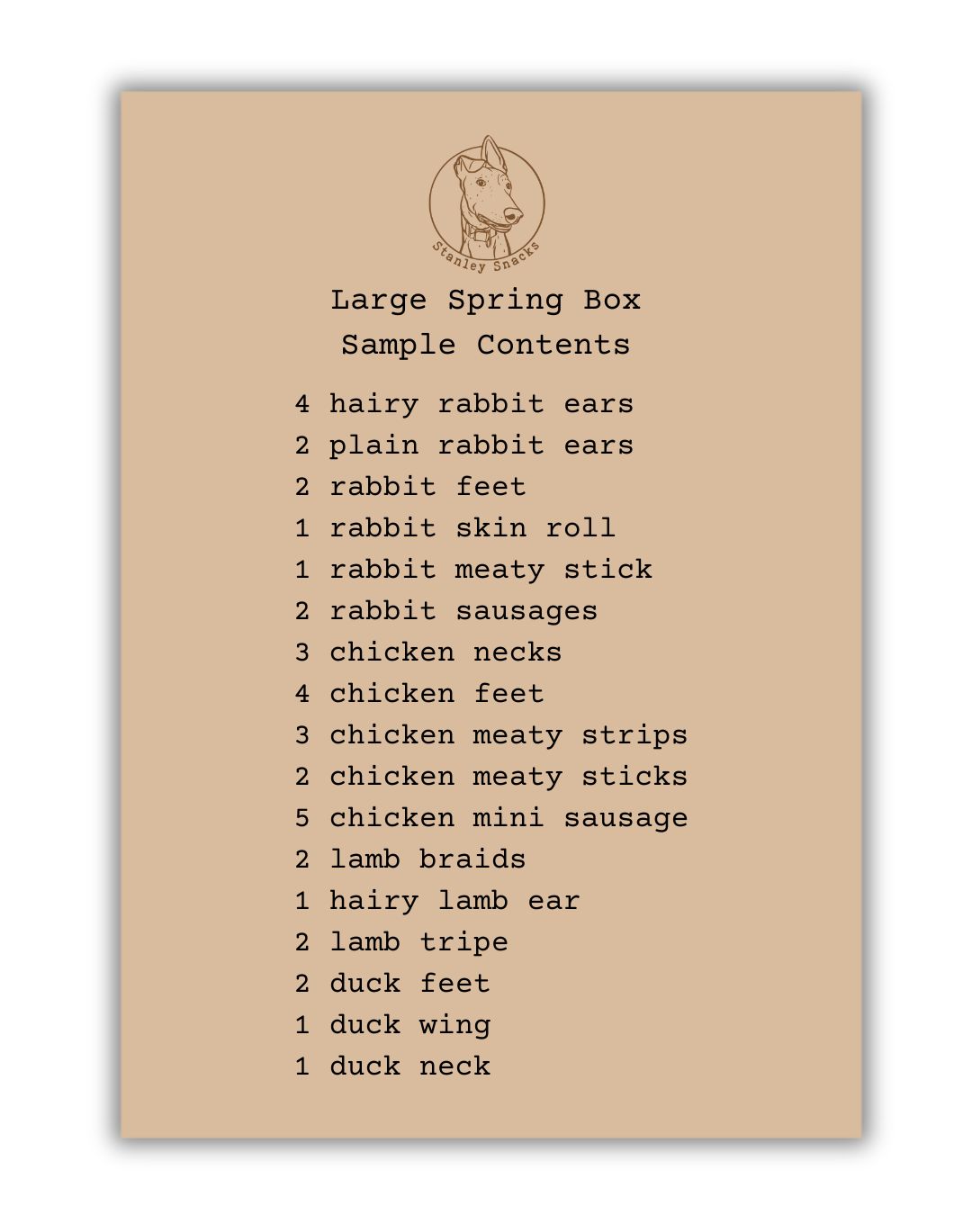 A colour image of a brown card menu of natural dog treat box contents.