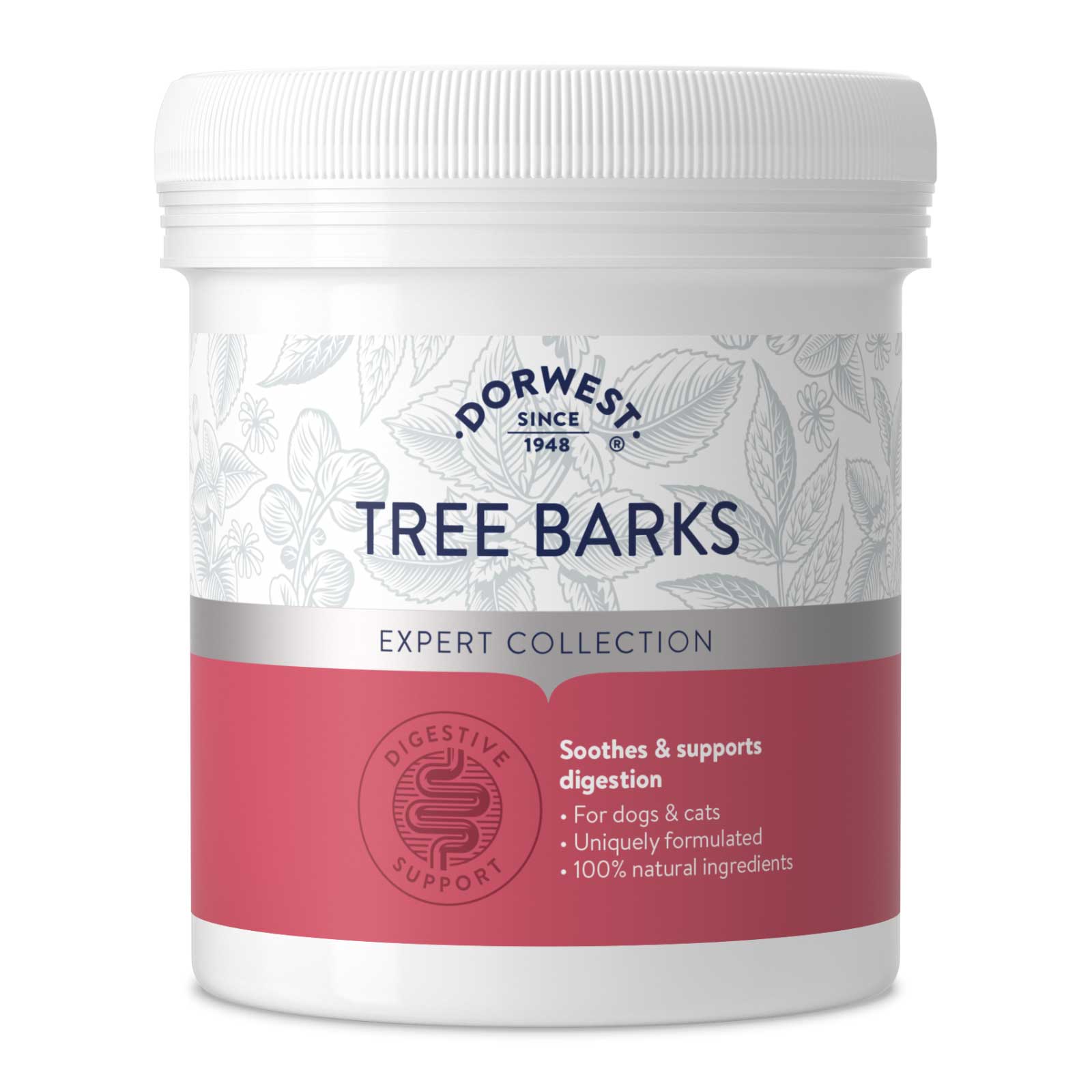 An image of a tub of Dorwest Tree Barks Powder. The label is pink and reads - Soothes and supports digestion. For dogs and cats, uniquely formulated, 100% natural ingredients.