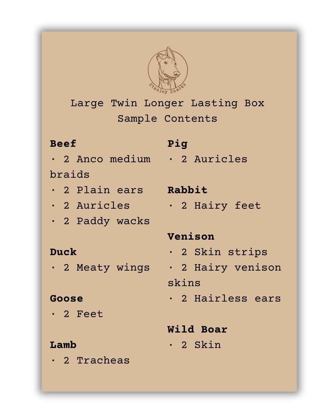 A colour image of a brown card menu of natural dog treat box contents.