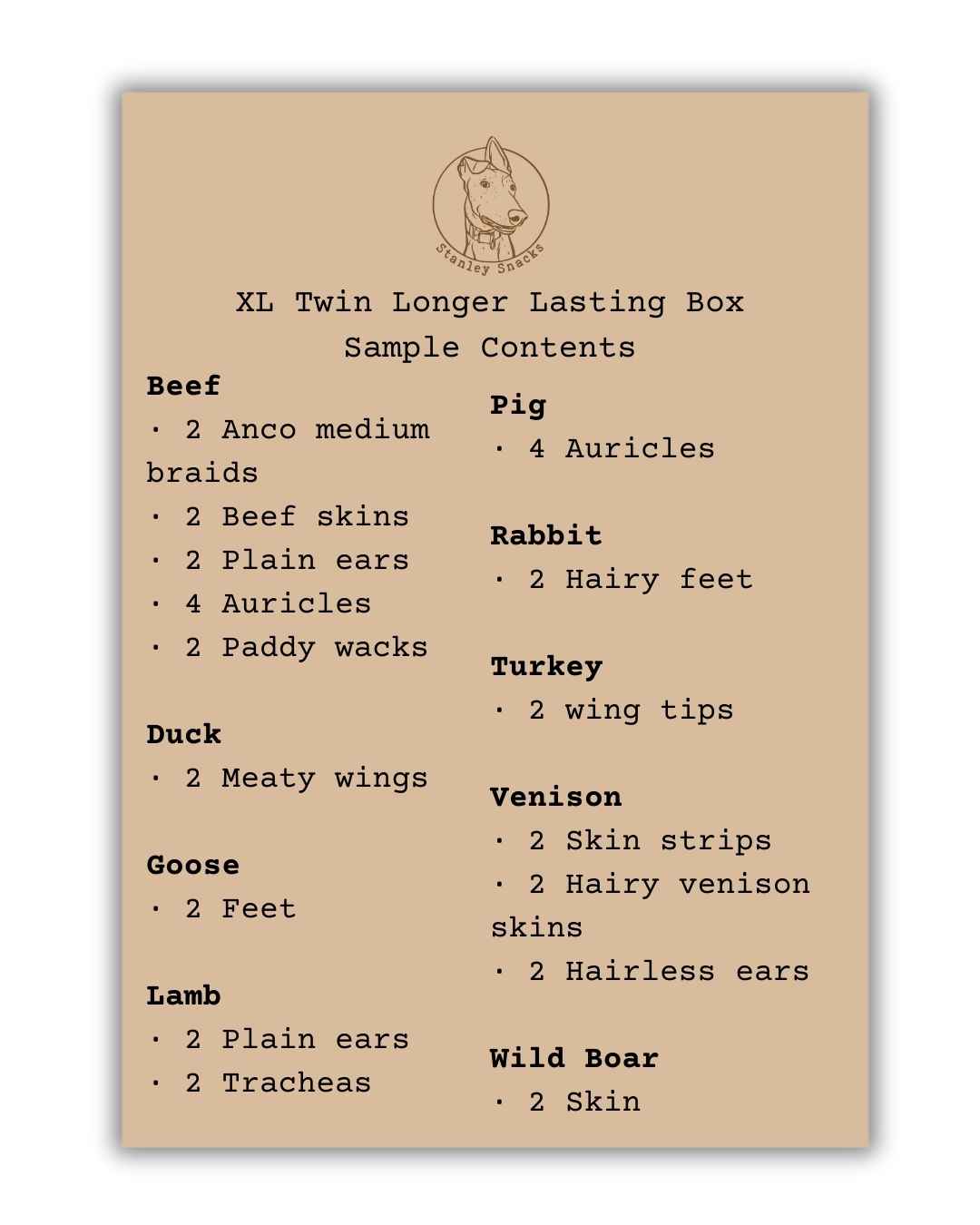 A colour image of a brown card menu of natural dog treat box contents.