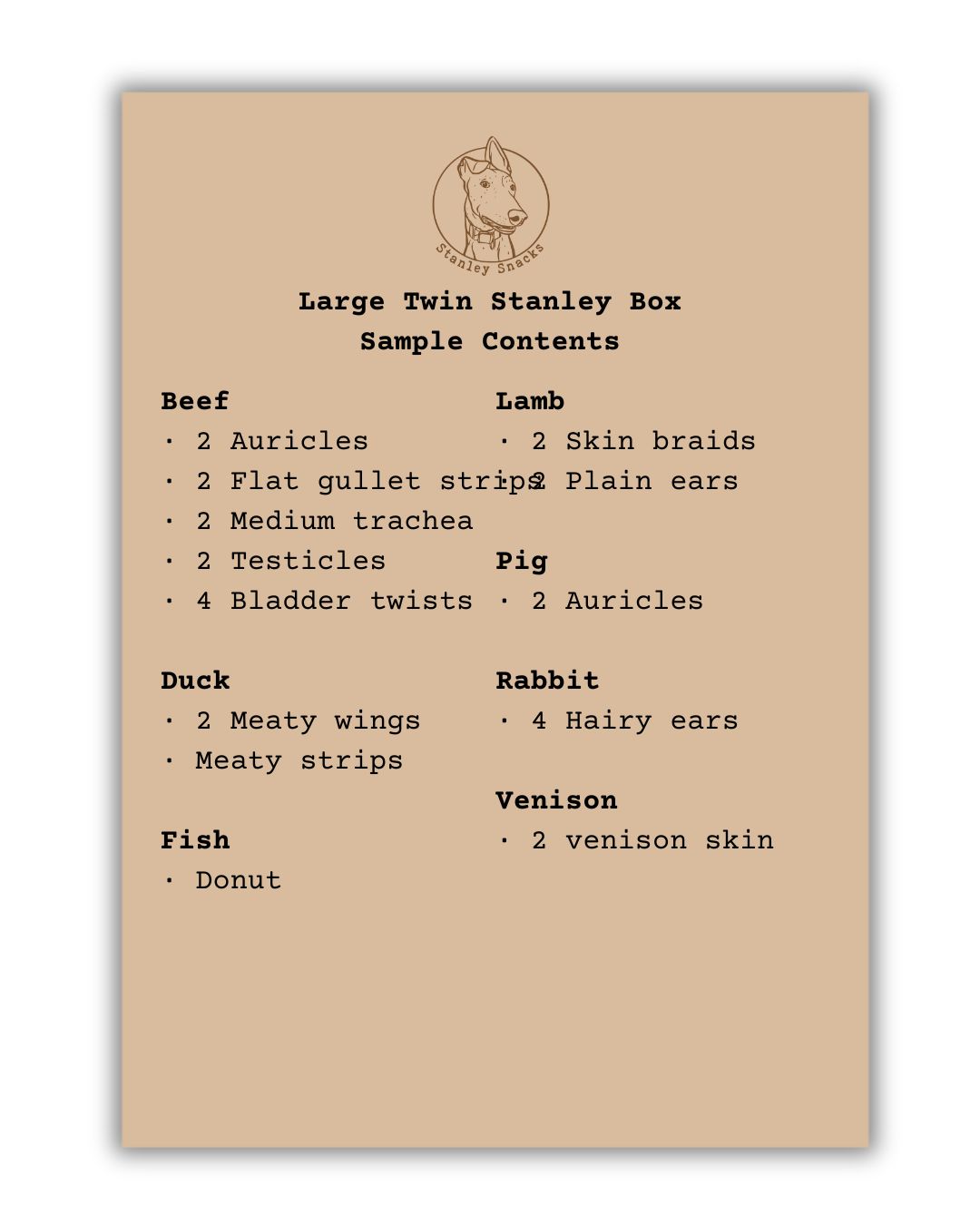 A colour image of a brown card menu of natural dog treat box contents.