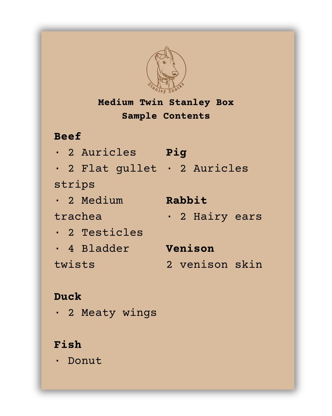 A colour image of a brown card menu of natural dog treat box contents.