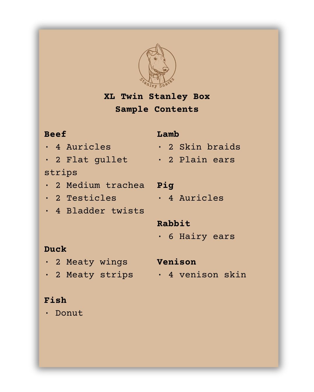 A colour image of a brown card menu of natural dog treat box contents.