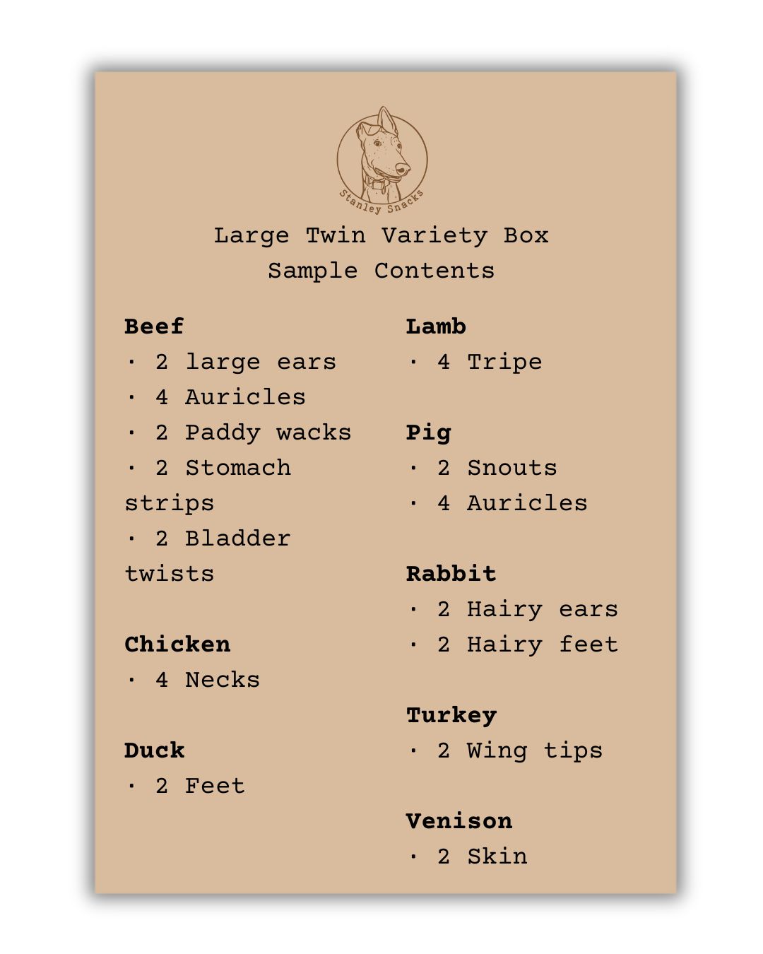 A colour image of a brown card menu of natural dog treat box contents.