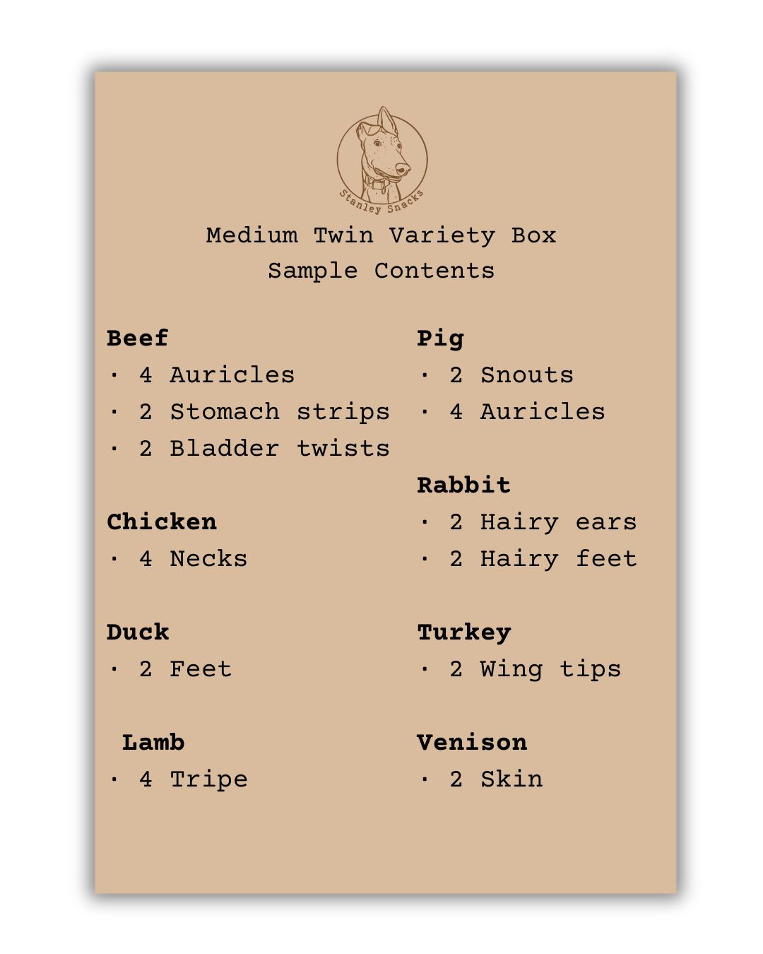 A colour image of a brown card menu of natural dog treat box contents.