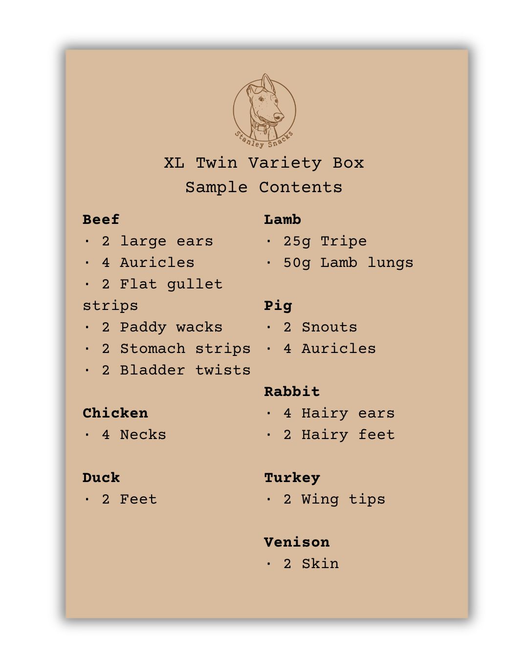 A colour image of a brown card menu of natural dog treat box contents.