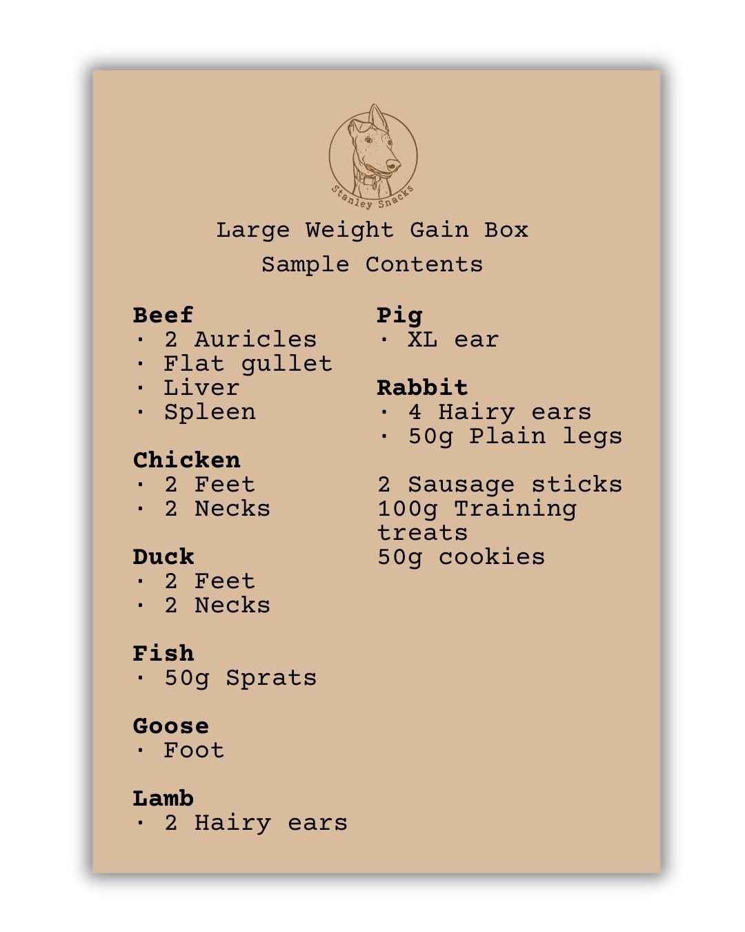 A colour image of a brown card menu of natural dog treat box contents.