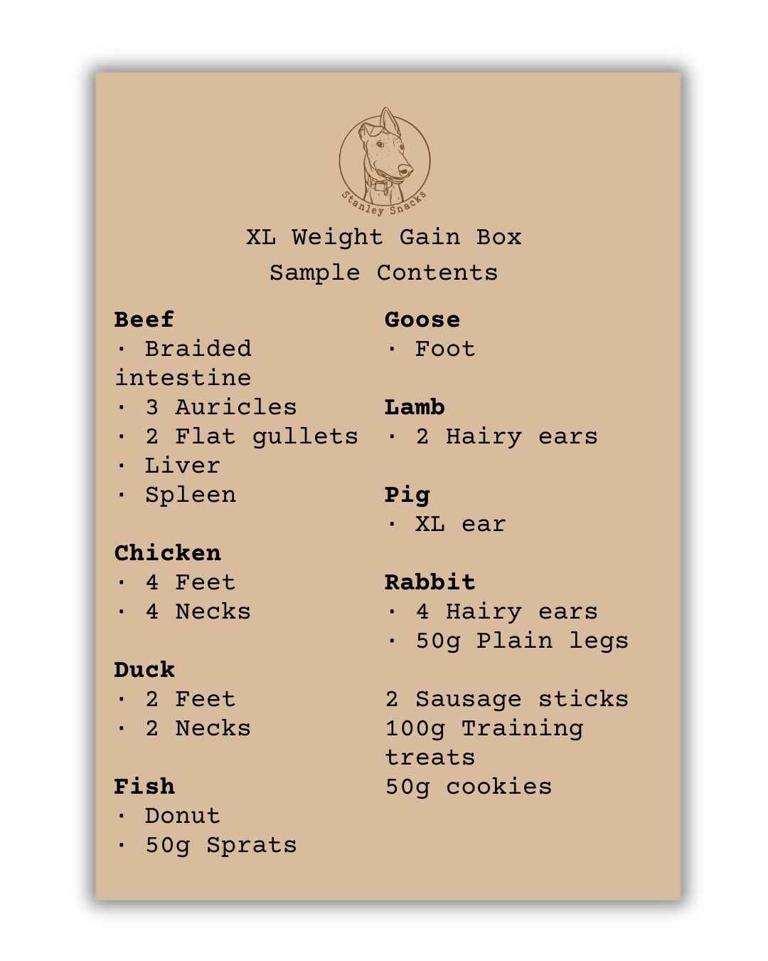 A colour image of a brown card menu of natural dog treat box contents.