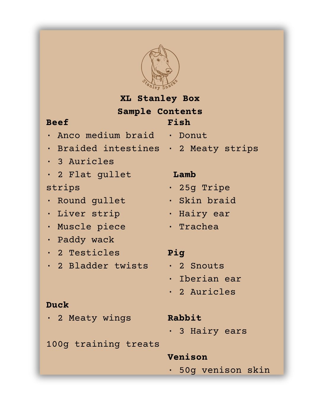 A colour image of a brown card menu of natural dog treat box contents.