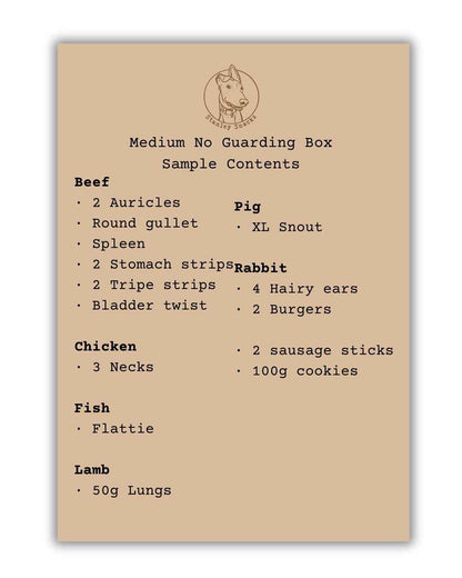 A colour image of a brown card menu of natural dog treat box contents.