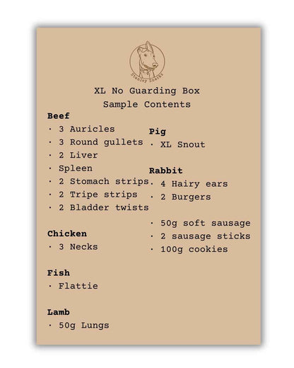 A colour image of a brown card menu of natural dog treat box contents.