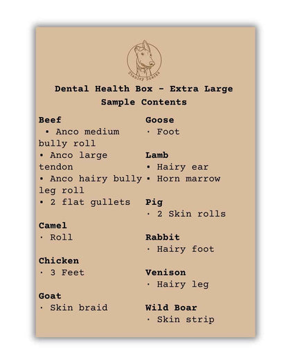 A colour image of a menu of dog treat box contents for a extra large size dental health box